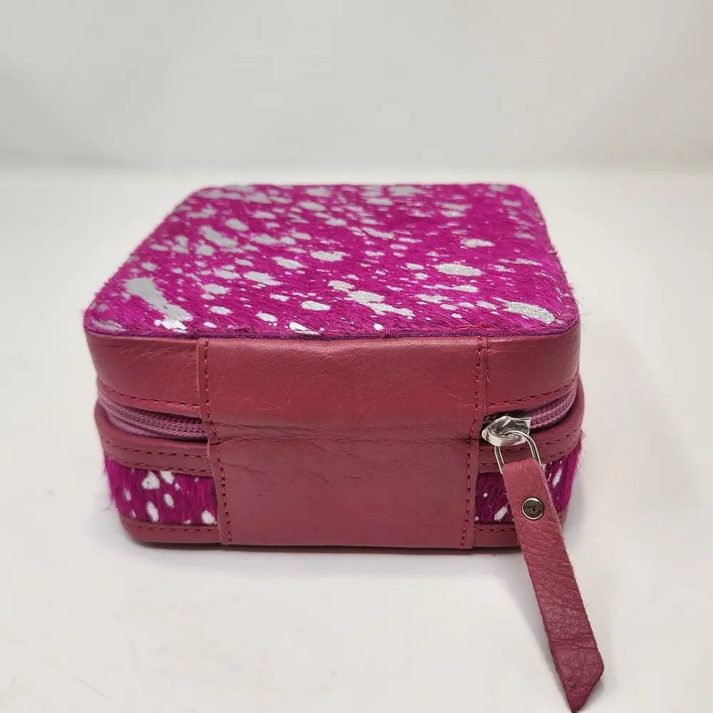 Western Linens Cowhide Leather Square Jewelry Case Box Pink Metallic Silver